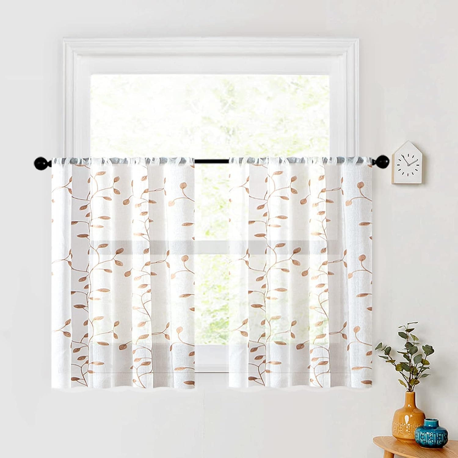 MRTREES Sheer Tier Curtains, Leaf Embroidered Kitchen Tiers Pole Pocket, Voile Short Window Curtains Small Half Window Treatment for Bathroom/Basement(2 Panels, 30x24 inches, Taupe Leaves)
