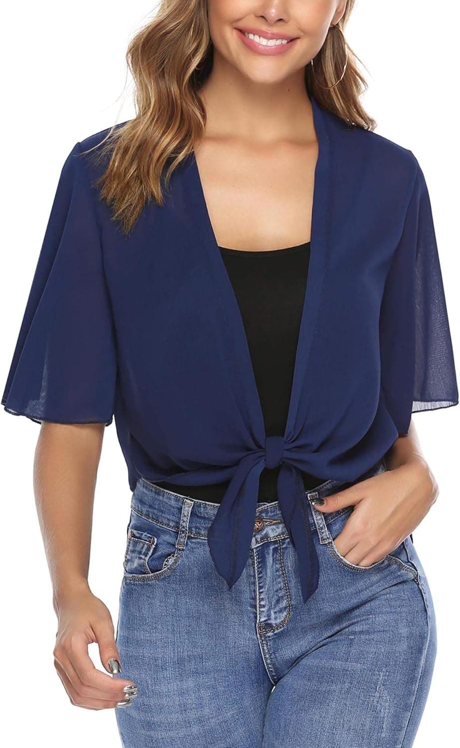 iClosam Women Half Sleeve Tie Front Chiffon Bolero Shrugs Open Front Cardigan Navy