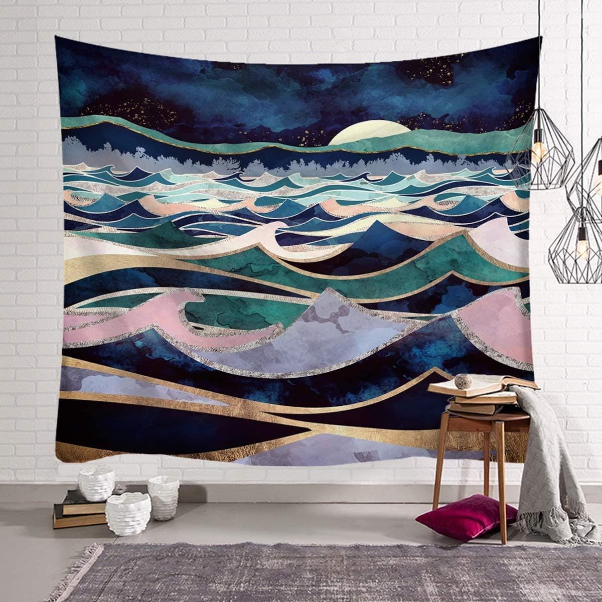 QCWN Mountain Tapestry, Mountains Silhouette Watercolor Surface Abstract Design Under Starry Night with Moon Décor Wall Hanging Tapestry for Bedroom Living Room Dorm. Multi 78x58Inch