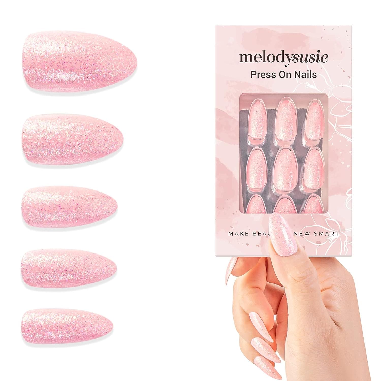 MelodySusie Press on Nails, Almond Nails Tips Medium Length, Glossy Pink Sparkle Reusable Full Cover Acrylic Nails 10 Size 24 Pcs