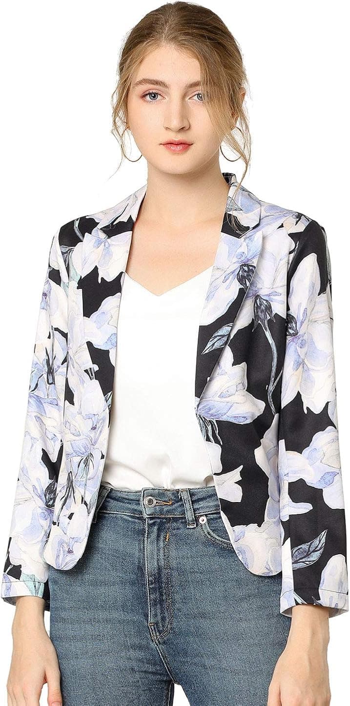 Allegra K Women's Open Front Office Business Suit Crop Floral Print Blazer Jacket X-Small Black