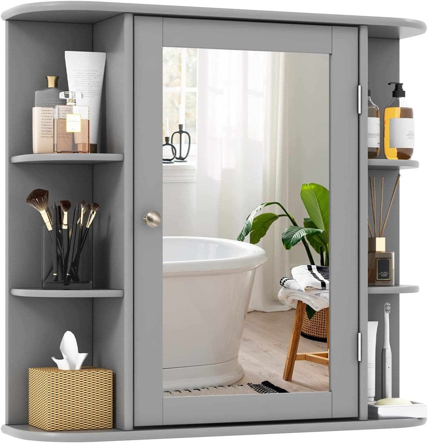 Tangkula Bathroom Medicine Cabinet with Mirror, Wall Mounted Bathroom Storage Cabinet with Mirror Door & 6 Open Shelves, Adjustable Shelves, Mirror Cabinet, Bathroom Wall Cabinet with Mirror (Gray)