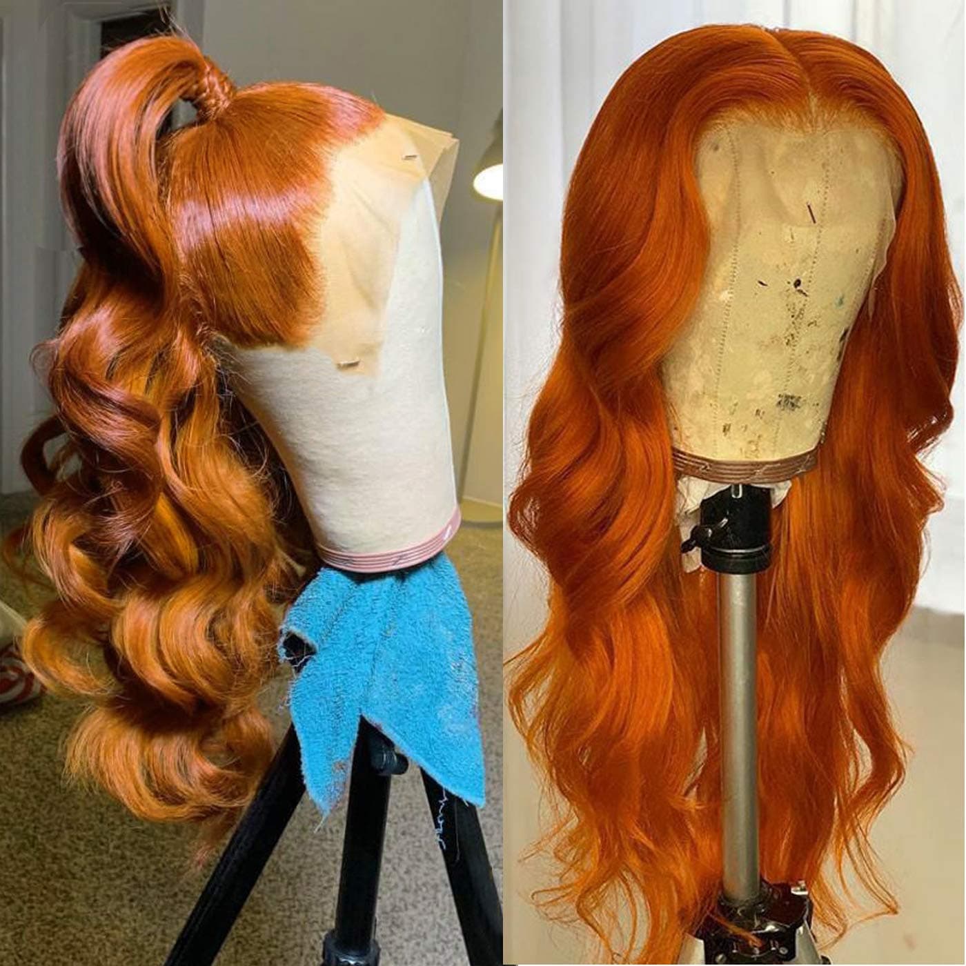 Evlynn Hair Lace Front Wigs red brown Synthetic orange Loose Wave Wigs Heavy Density Glueless Long Lace Wigs for Women Synthetic Wig (24 Inch Orange Red brown Wavy Lace Front Wig)