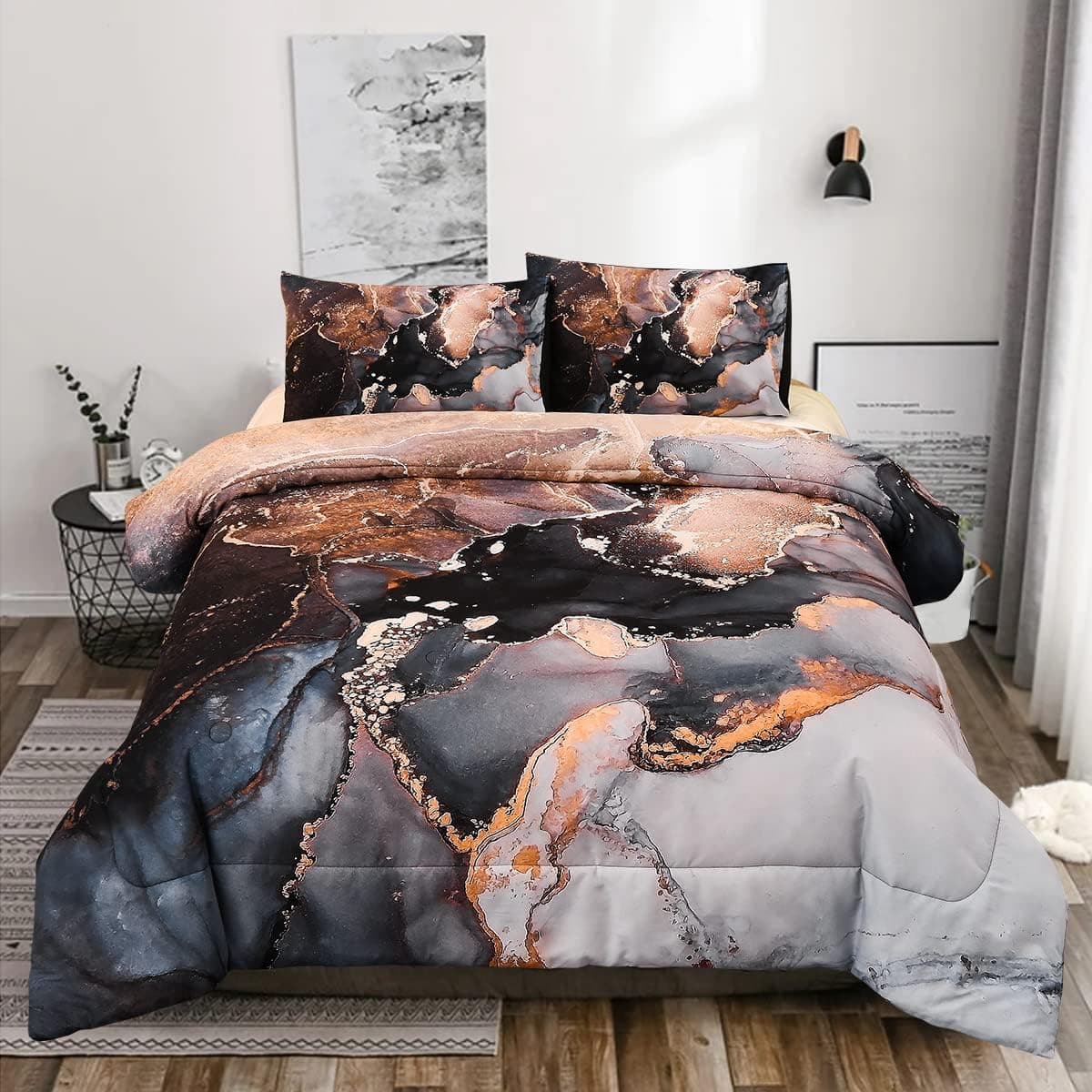 Btargot Marble Comforter Set Queen Grey, 3-Pieces Microfiber Bedding Abstract Artwork Watercolor Ultra Soft Quilt for All Seasons