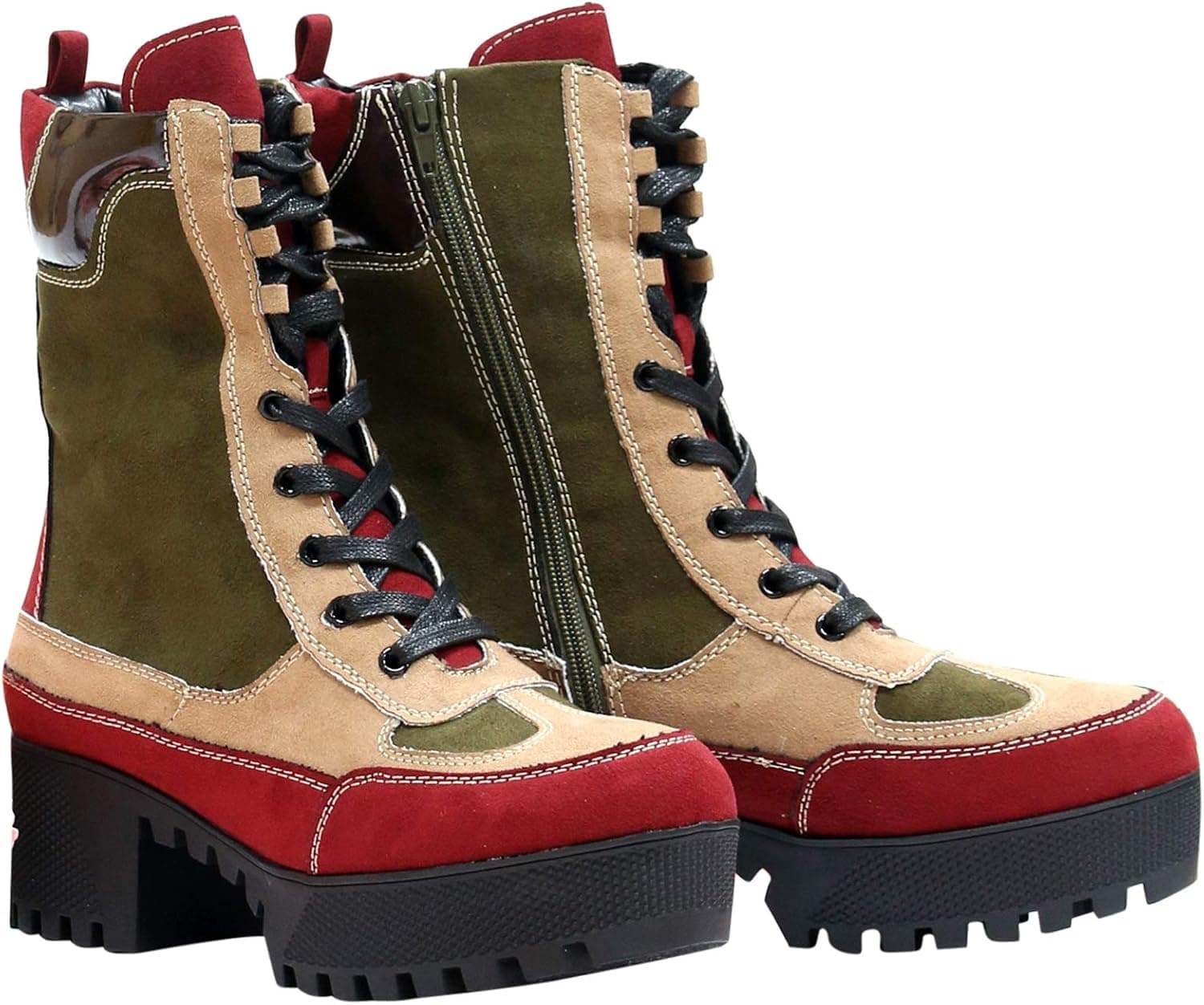 BAMBOO Womens Lug Sole Combat Bootie - Burgundy,BUR/GRN/BRN,8.5