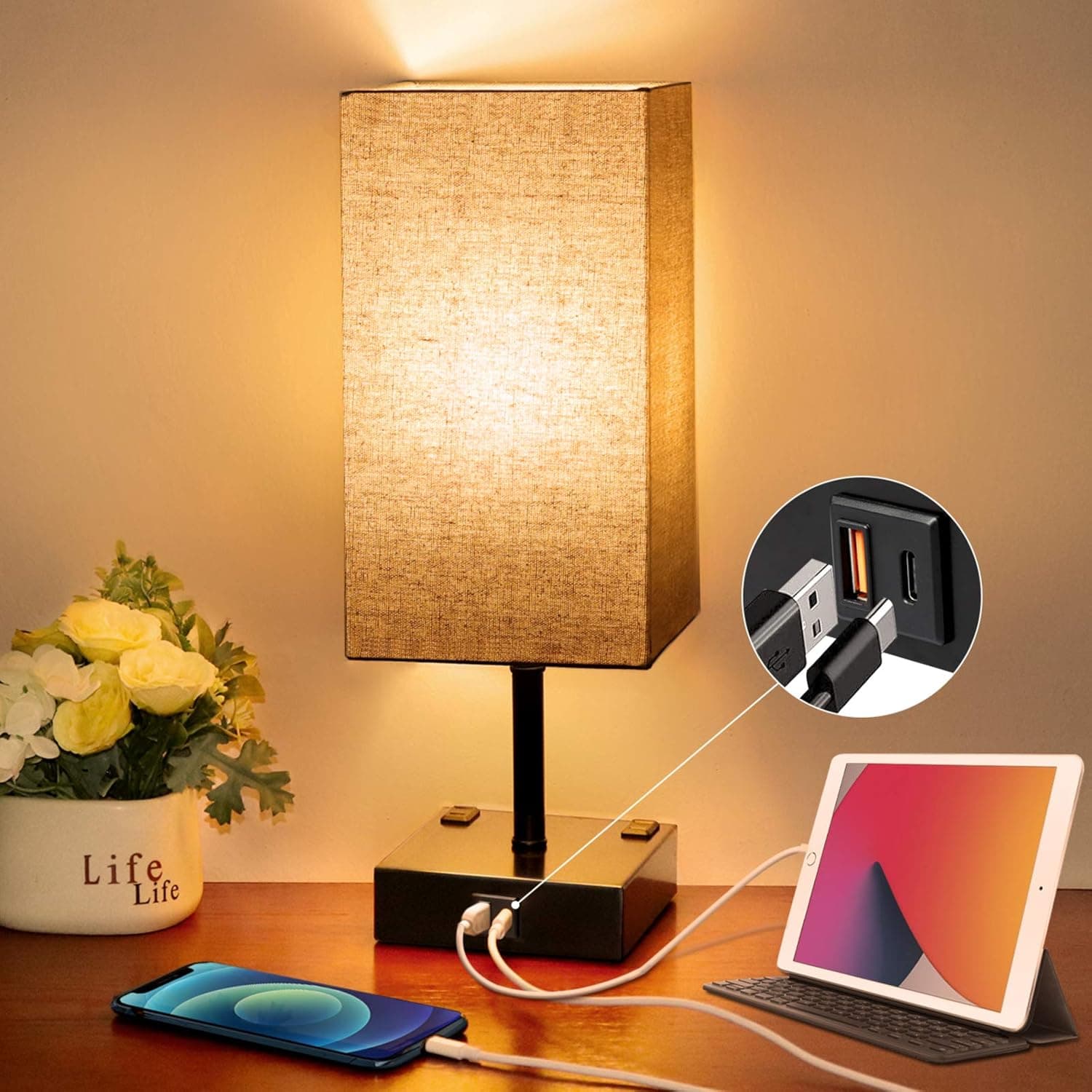 Touch Control Beside Table Lamp, Wesen 3-Way Dimmable Nightstand Lamp with QC 3.0 USB & PD 3.0 Type-C Charging Port & 2 Power Outlets, E26 LED Bulb Included (Minimalist)