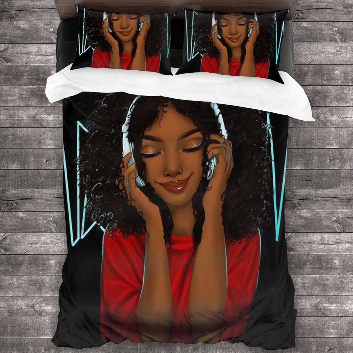 BIAN-63 Afro African American Listen Music Headphone Hip Hop Art Duvet Cover 3 Piece Bedding Set Twin Size Bed Super Soft Luxury(Duvet Cover and 2 Pillowcases)