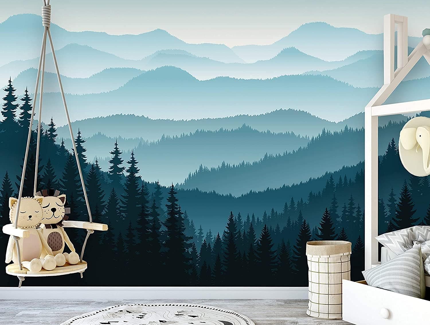 Coloritto Removable Peel 'n Stick Wallpaper, Self-Adhesive Wall Mural, 3D Mountain Mural Wallpaper, Nursery • Ombre Blue Mountain Pine Forest Trees (Sample 12" W x 8" H)