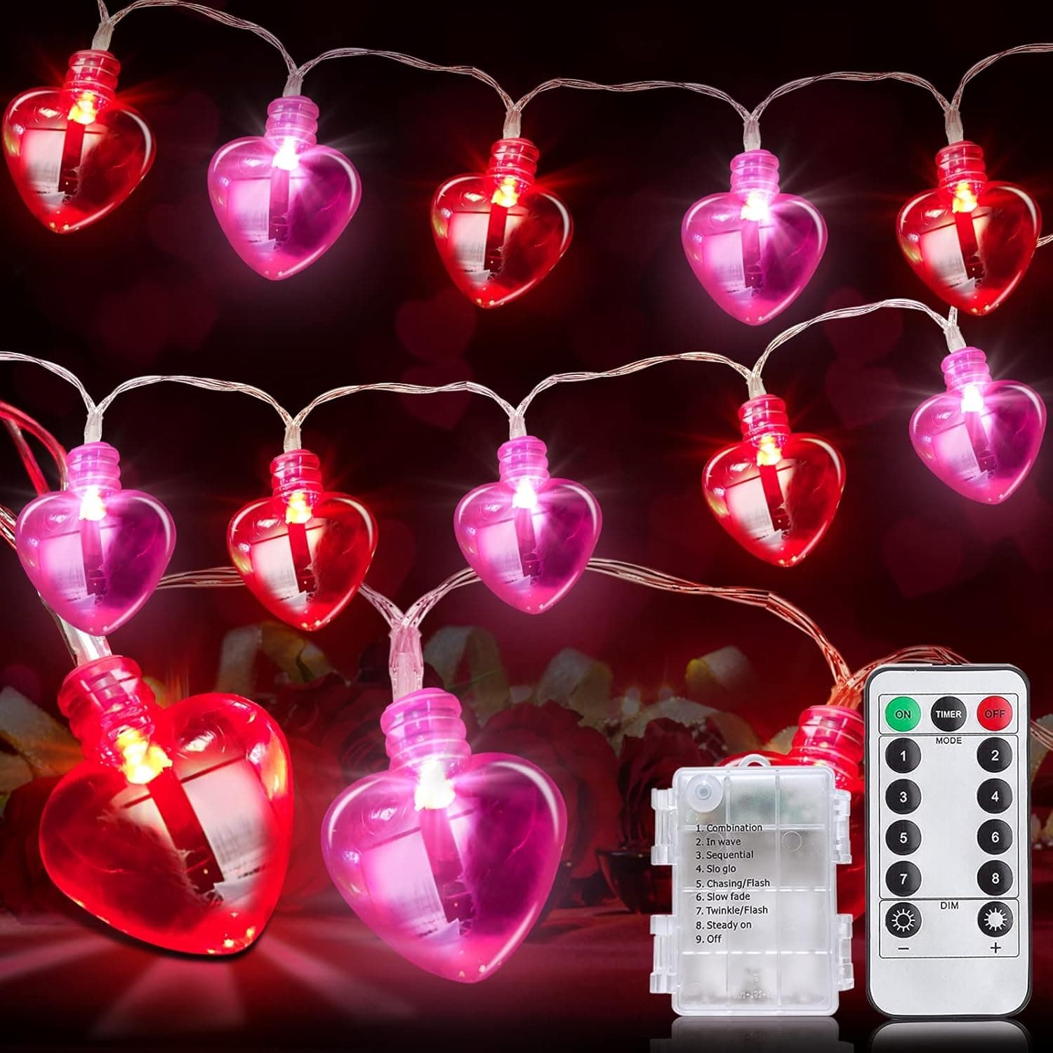 [ 2 Pack 8 Modes & Timer ] Valentine's Day Lights Decorations Total 16.4 Ft 40 LED Red Pink Heart String Lights Remote Battery Operated Valentines Decoration Outdoor Indoor Wedding, Each 8.2 Ft 20 LED