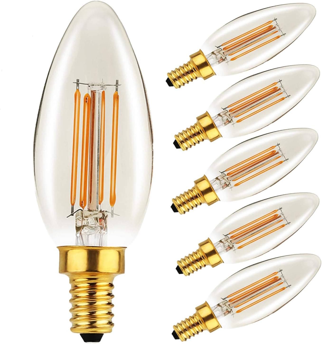 HOLA LED Candelabra Bulb 40W Equivalent, Dimmable Warm White 2200K, E12 Base LED Chandelier Lamp Bulb, Candle LED Filament Lights, Amber Classic Glass, CRI 80+, UL Listed, Pack of 6
