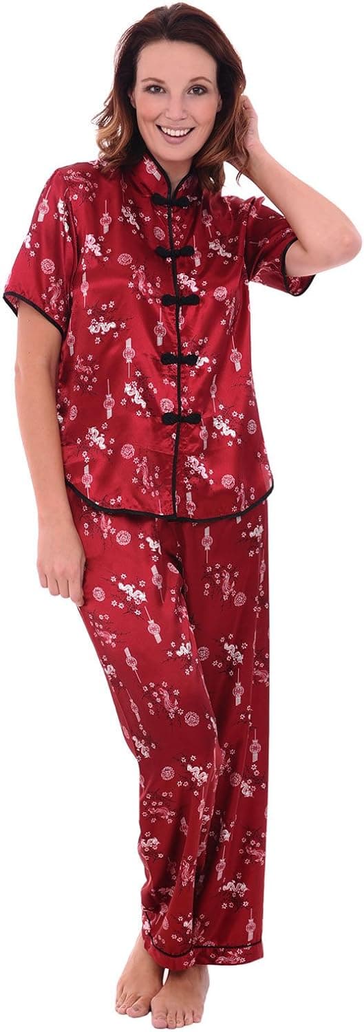 Alexander Del Rossa Womens Satin Pajamas, Chinese Inspired Pj Set, Medium Wine (A0728WNEMD)
