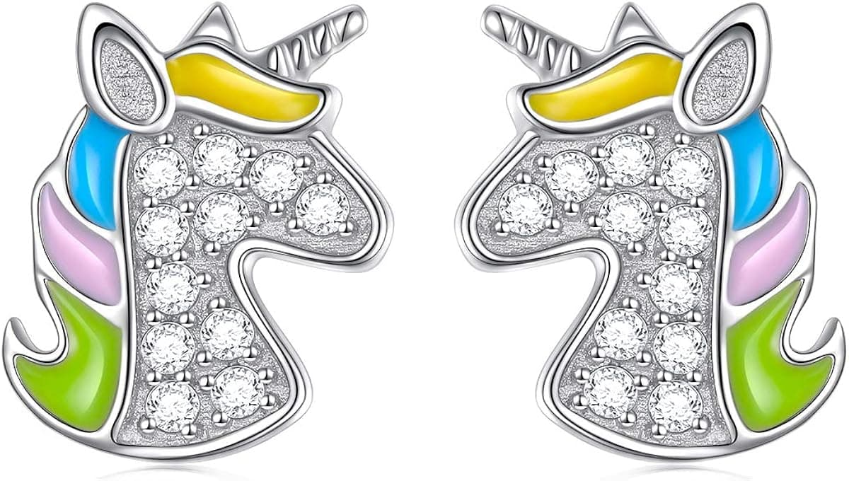 S925 Sterling Silver Rainbow Unicorn Stud Earrings Gift for Women, Girlfriend, Her