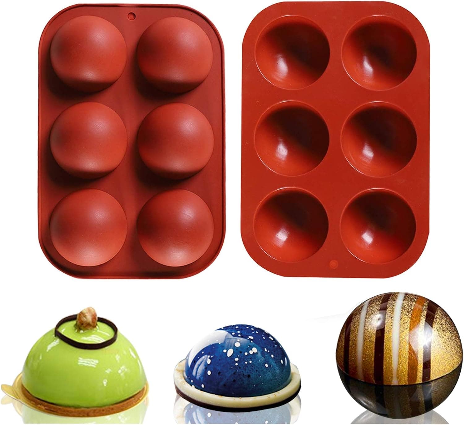 2Pcs 6 Half Ball Circle Holes Thick Semi Silicone Mold For Chocolate, Cake, Desserts, Baking DIY, BPA Free Cupcake Baking Pan, Round Shape Half Candy Molds Non Stick Baking DIY Silicone Mold (Red)