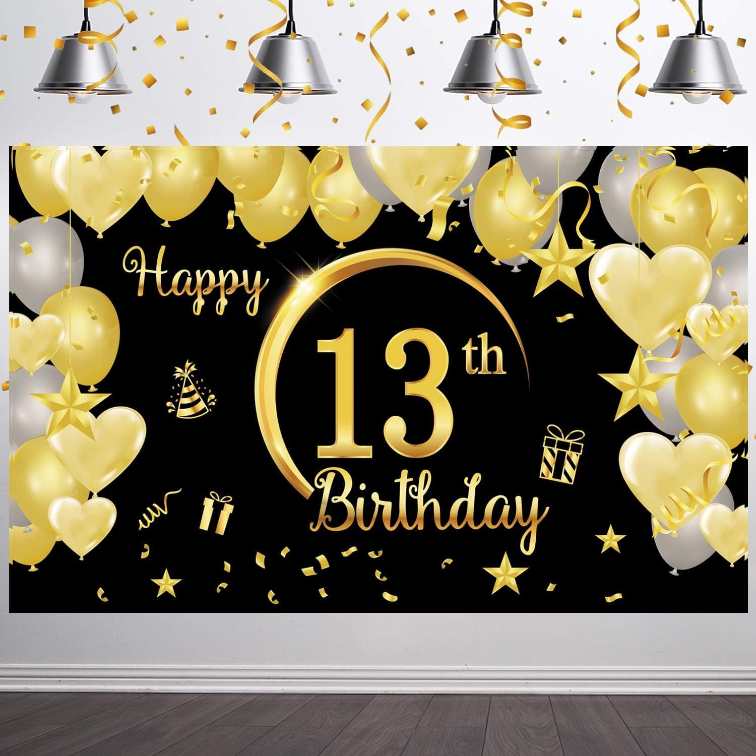 Latoy 13th Happy Birthday Banner Party Backdrop Background Decorations,Birthday Sign Poster Black Gold Supplies for 13th Birthday Anniversary 13 Years