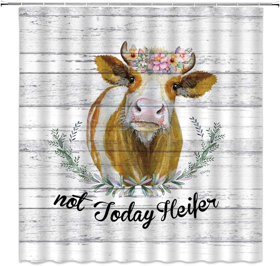 Farm Cow Shower Curtain Rustic Wooden Board Inspirational Funny Quotes Not Today Heifer Spring Flower Farmhouse Watercolor Cattle Animals Green Plant Fabric Bathroom Curtain Set 70x70 Inch with Hooks