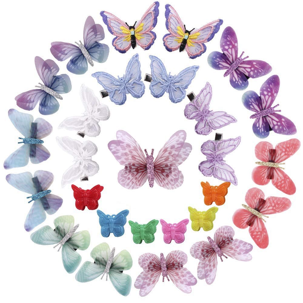 fani 40pcs Butterfly Hair Clips Lace Embroidery 3D Glitter Color Net Yarn Butterfly Clips Assorted Color Butterfly Clamps Handmade Realistic Butterfly Barrettes Accessories
