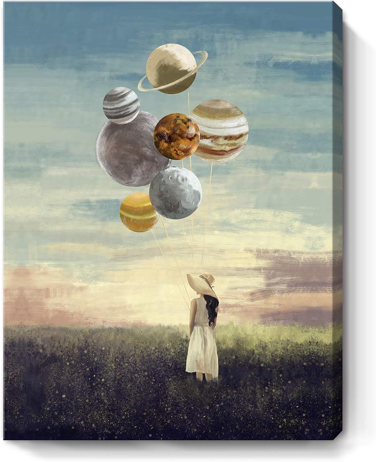 Inspirational Wall Art for Office Girl Holding Planet Surrounded by Bloosom Flowers Romantic Painting Modern Creative Motivational Canvas Framed Artwork for Bedroom Living Room Bathroom 12x16inch