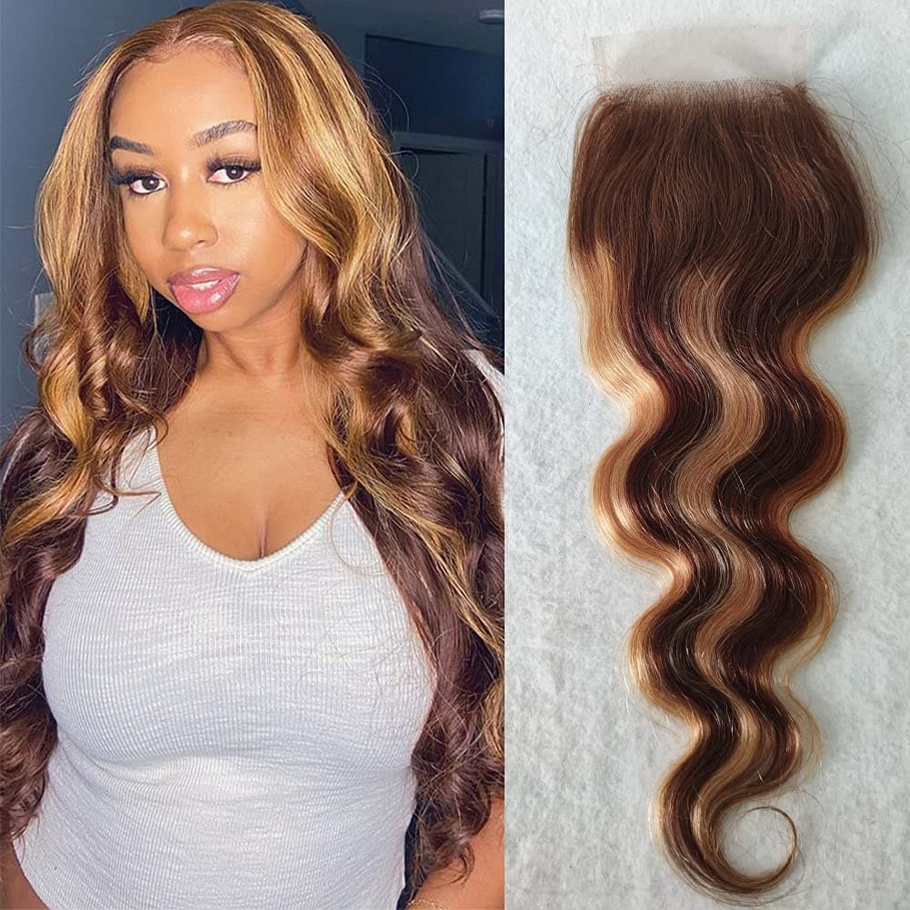 Bestsojoy 12A Ombre Highlight Brazilian Body Wave 4x4 Free Part Lace Closure P4/27 Brown Blonde Brazilian Virgin Human Hair Body Wave Closure Piano Color(12inch, Highlight Closure)