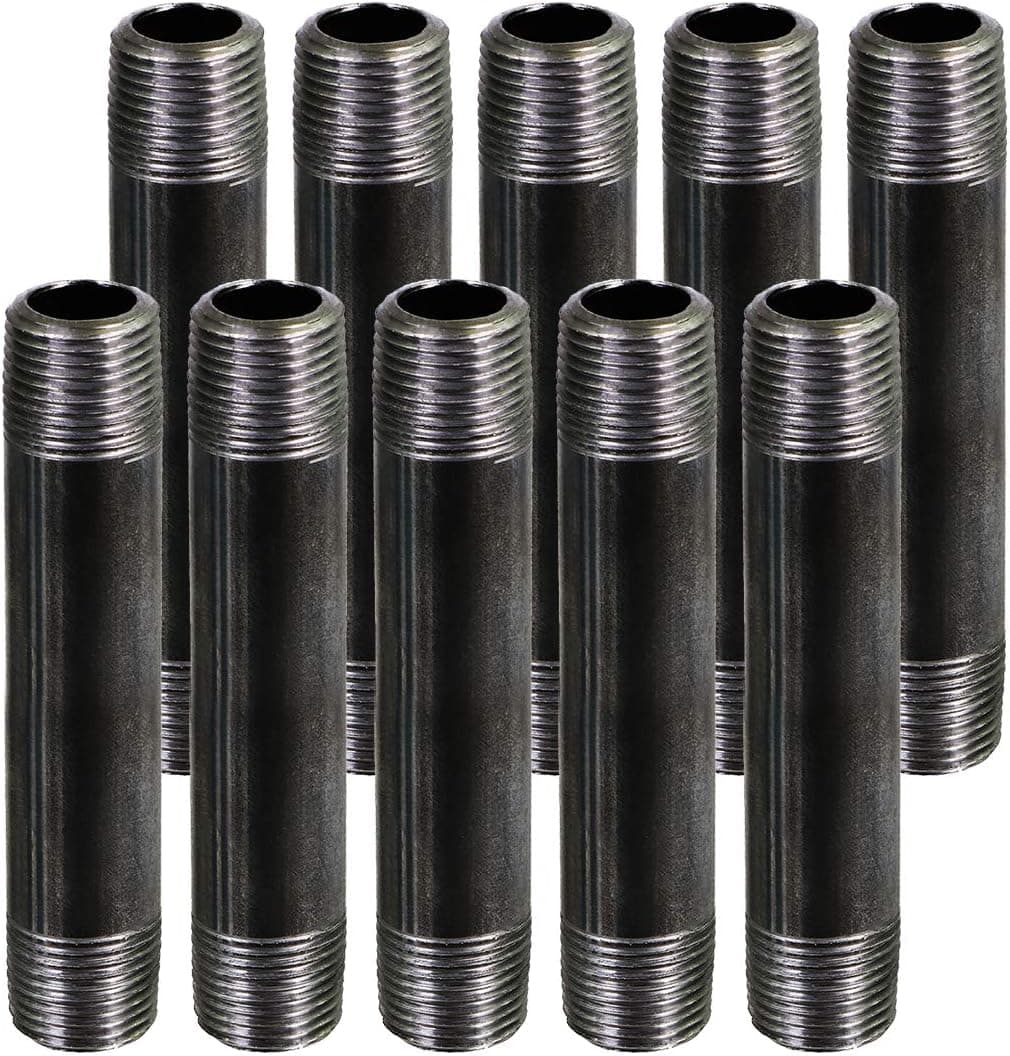 Supply Giant 3/8 Inch Black Pipe Nipple, Three Eight Inch Malleable Steel Pipes Nipples Fitting, Build DIY Vintage Furniture, 3/8" x 6" (Pack Of 10)