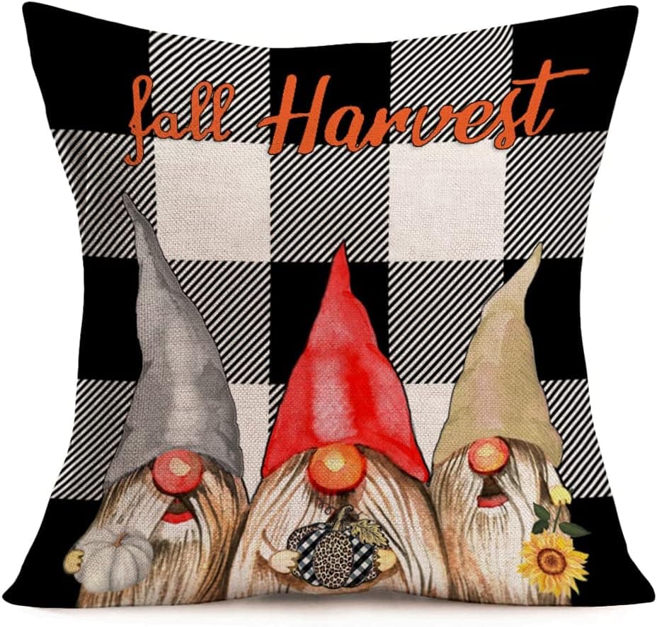 Smilyard Throw Pillow Case Vintage Fall Harvest Plaid Decorative Pillow Covers Cute Gnome with Pumpkin Sunflower Cushion Cover 16X16 Inch Cotton Linen Pillowcase for Couch Living Room(Gnome)