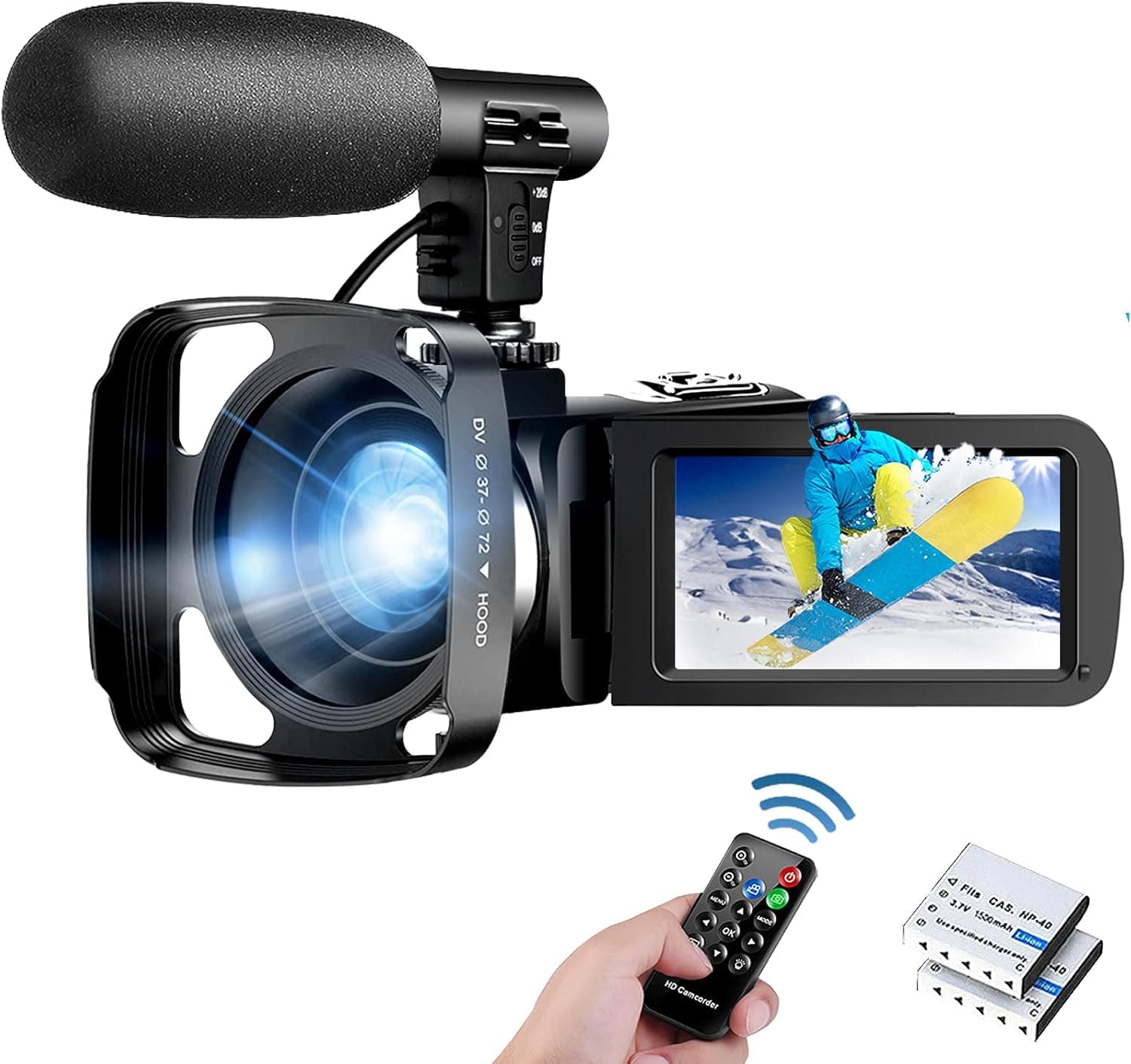 KUCIYA Video Camera Camcorder,1080P Full HD 30FPS 24MP Vlogging Camera for YouTube IR Night Vision Webcam 16X Zoom Digital Camera with Microphone,Remote Control,2 Batteries,Lens Hood, black