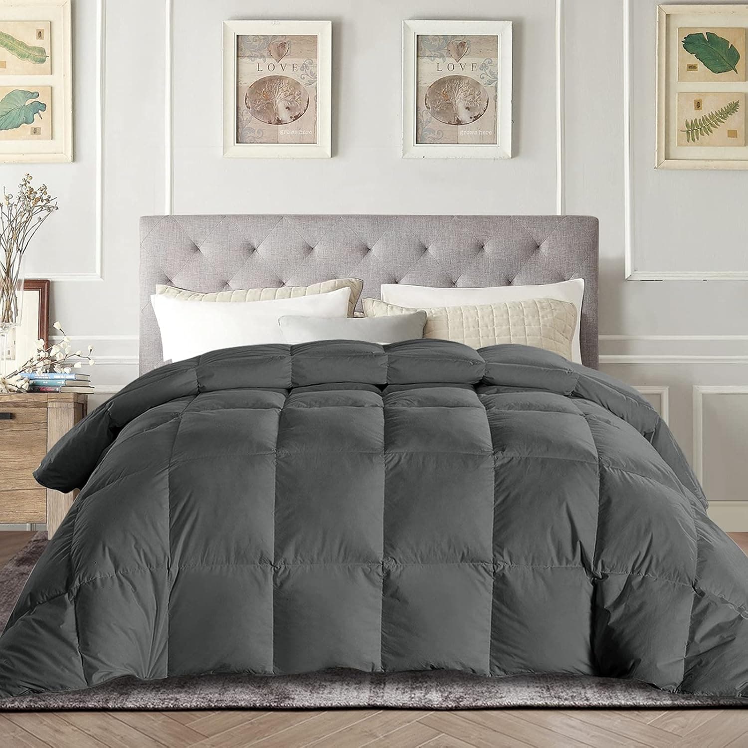 EDUJIN Queen Comforter with 95% Feather and 5% Down Filling– Cotton Quilted Lightweight Thin Duvet Insert or Stand-Alone with Corner Tabs 88×88 Inch Dark Gray