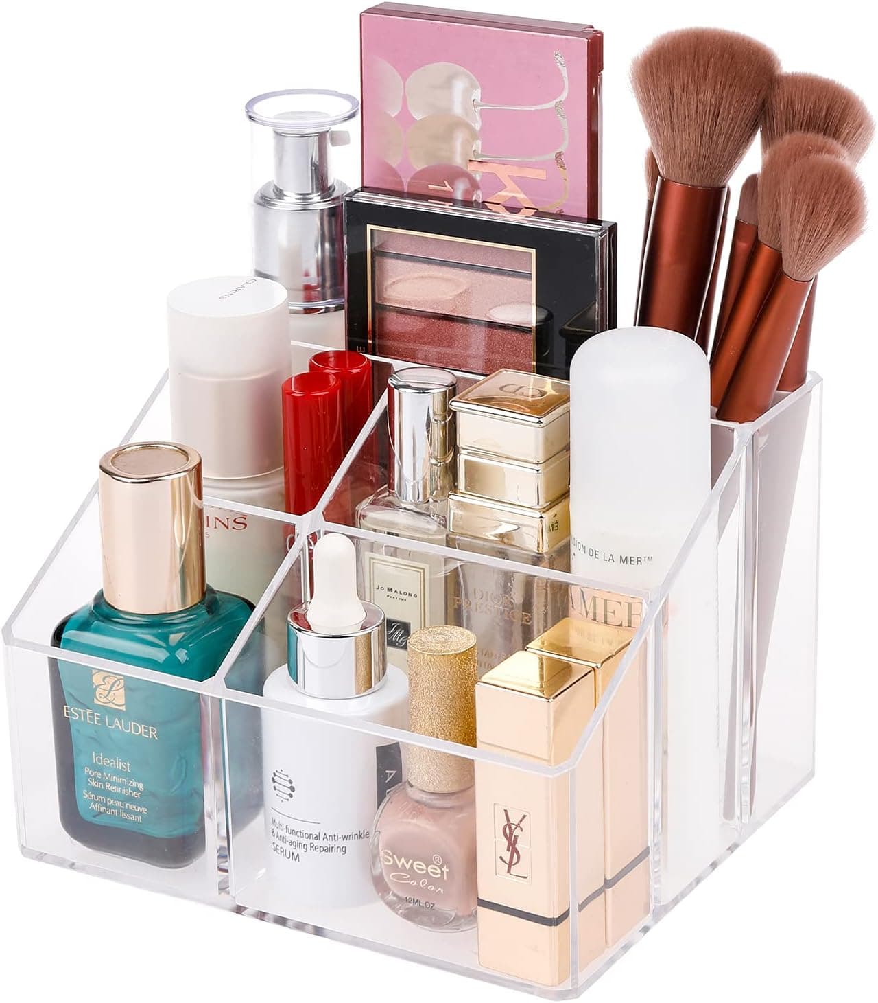 Yesesion Clear Makeup Brush Organizer, Cosmetics Display Case with 5 Compartments, Desktop Storage Box Countertop Holder for Beauty Supply, Lipstick, Jewelry, Stationery in Vanity, Bathroom, Office