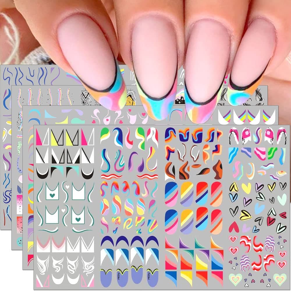 Dornail 48 Styles Colorful French Line Nail Stickers,3D Geometric Lines Nail Water Decals Rainbow Swirls Ribbon Wave Line Water Transfer Nail Art Stickers French Tip Stickers For Nails DIY Accessories