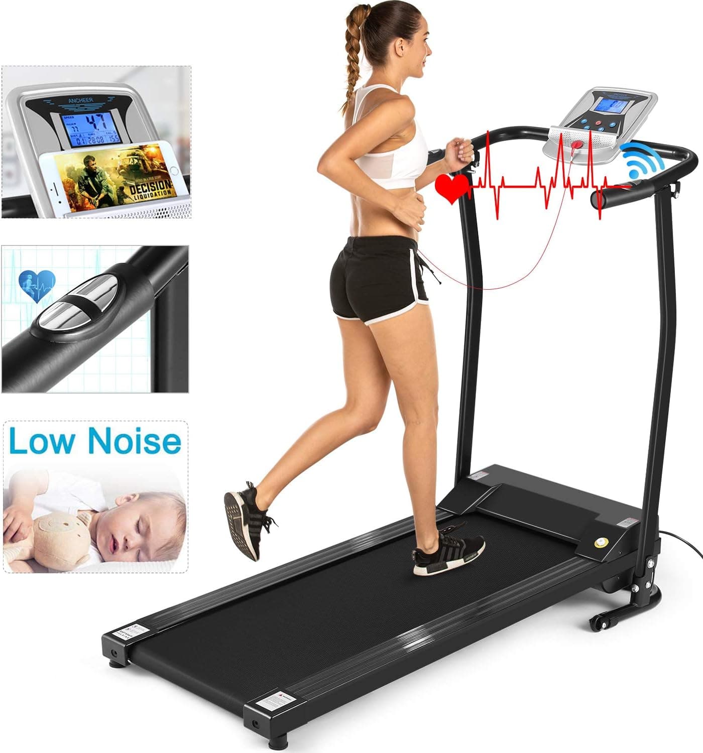 ANCHEER Folding Treadmill, Electric Running Machine with LCD Screen, Portable Fitness Treadmill for Home, Office, Gym, US Stock (Black)