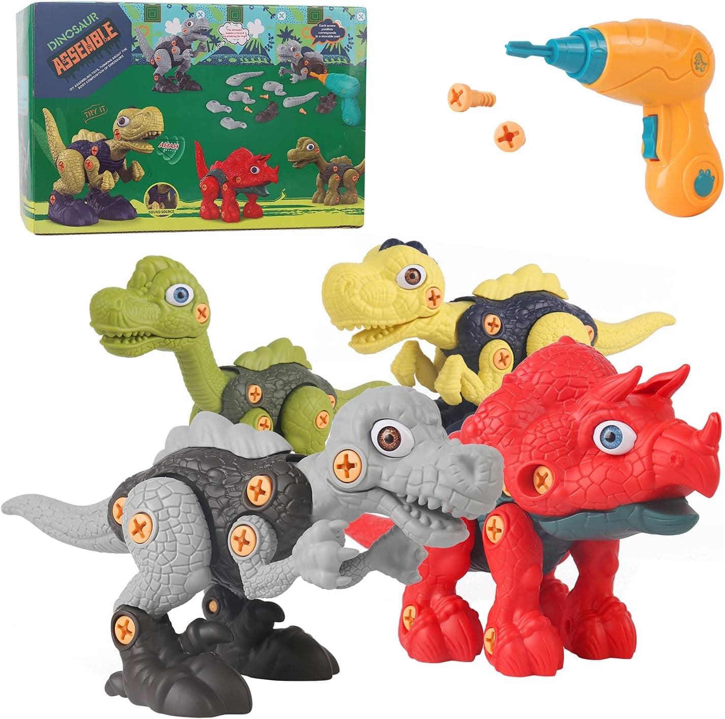 Obbug Take Apart Dinosaur Toys for Kids，4 Pack Dinosaur Building Kit with Electric Drill DIY Construction STEM Educational Engineering Set Play Kit Kids Toys for 3 4 5 6 7 Year Old Boys and Girls