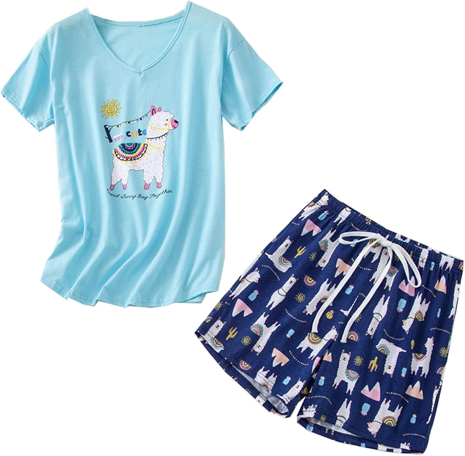 HOWINCO Womens Pajamas Shorts Set Cute Cartoon Print Short Sleeve Tee and Shorts Cotton Plus Size Sleepwear 2 Piece Pjs Sets