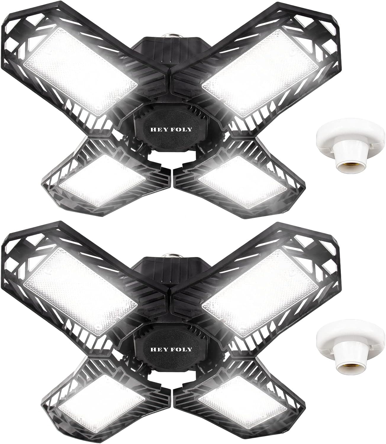 HEY FOLY Led Garage Lights 2 Pack, 150w Garage Light with 4 Adjustable Panels, 15000lm 6000k Garage Lights Ceiling Led Shop Lights for Garage, Basement, Workshop,E26/E27 Screw Socket
