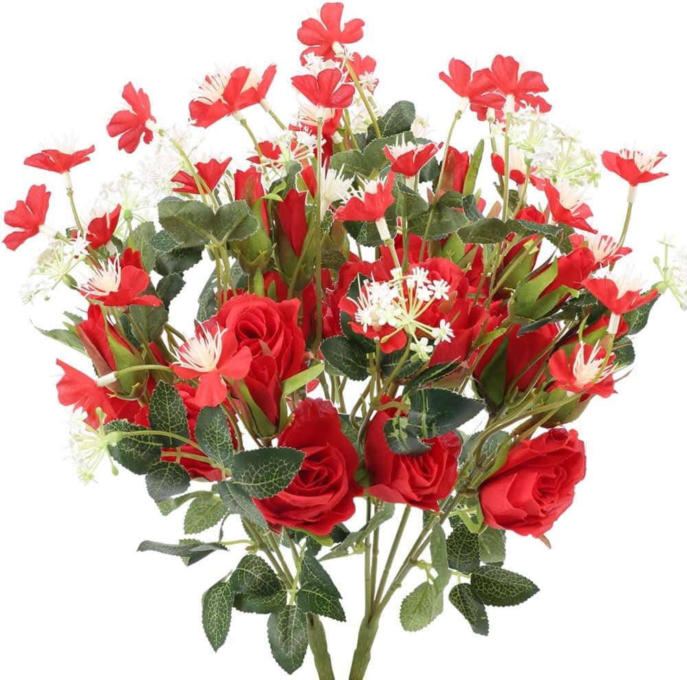 Artificial Fake Rose Flowers 2 PCS Silk Rose Bouquets Faux Flowers for Wedding Party Home Hanging Planter Cemetery Decor Red