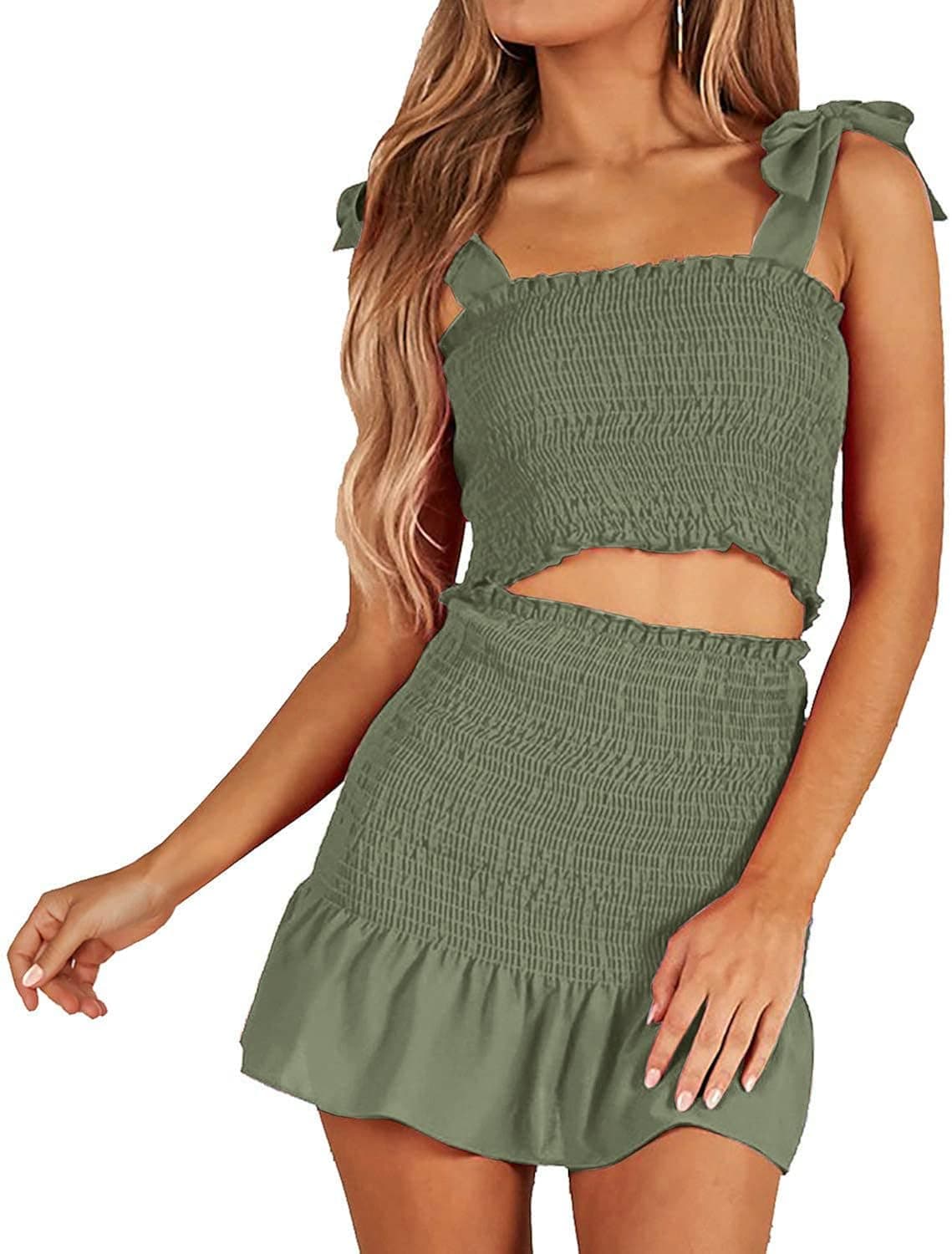 Women's Bohemian Bow Tie Tube Crop Top with High Waist Bodycon Skirt Two Piece Outfit Dress Suit Set