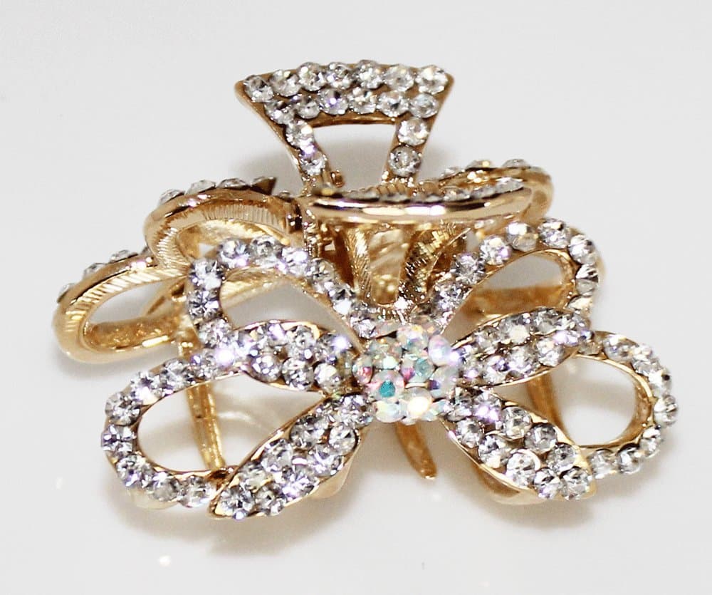 2" Metal Hair Claw: Double Ribbon with Beautiful Crystals - Clear