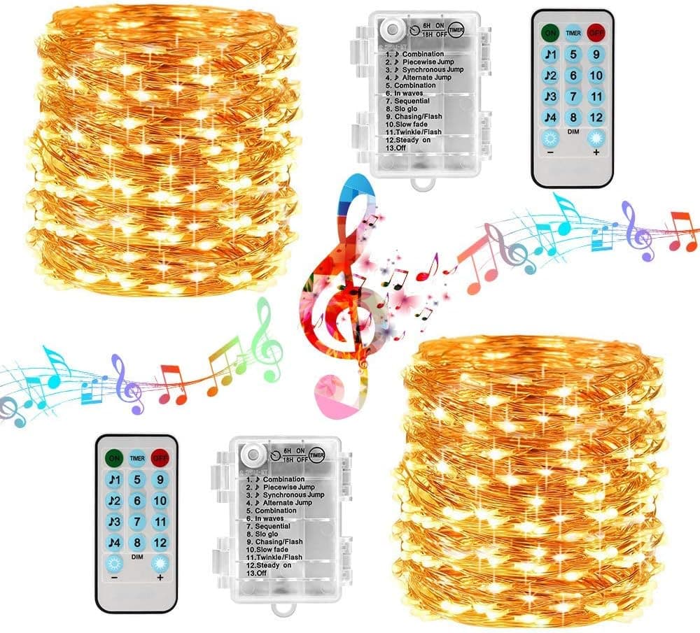 Joomer Sound Activated String Lights, 12 Modes 16.4ft 50 LED Battery Operated Twinkle String Lights with Remote Timer for Bedroom Wedding Party Festival Indoor Decor [2 Pack] (Silver Wire, Warm White)