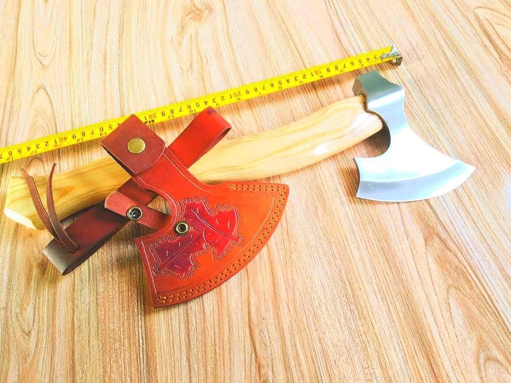 MDM Custom Handmade Throwing Tomahawk Hatchet, Viking Beared Camping Blade Lightweight Survival Chopping Splitting Axe with Wood Handle & Leather Sheet 18 Inch Ax - 9001