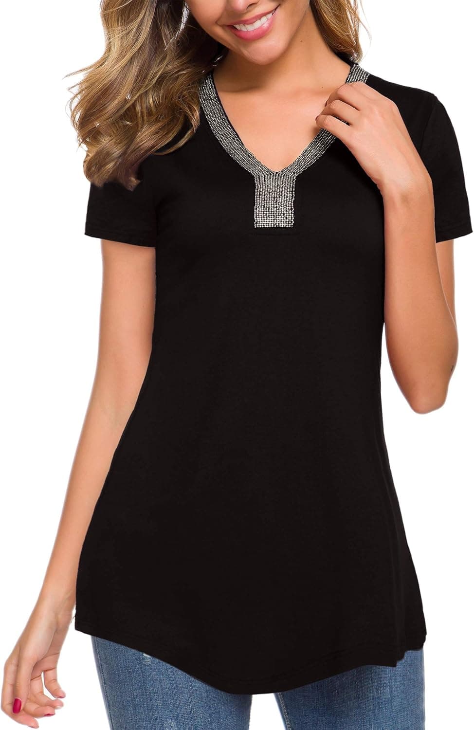 MANER Women's Short/Long Sleeve Tops Work Casual Blouse Business T-Shirt with Beaded V Neck S-3XL