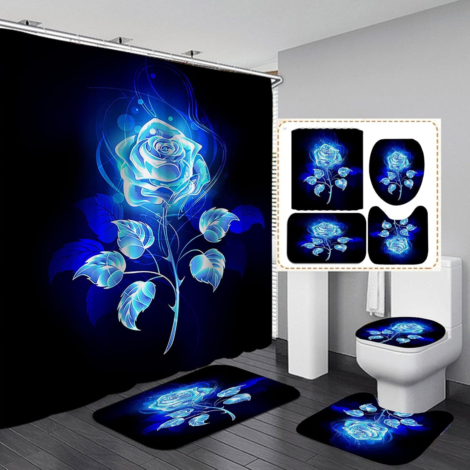 Camille&Andrew 4PCS/Set Shining Blue Rose Shower Curtain, Magic Flower Romantic Floral Art Bathroom Decor, Waterproof Fabric Black Bath Curtain, Non-Slip Bathroom Floor Mat Toilet Rug, Glowing Rose