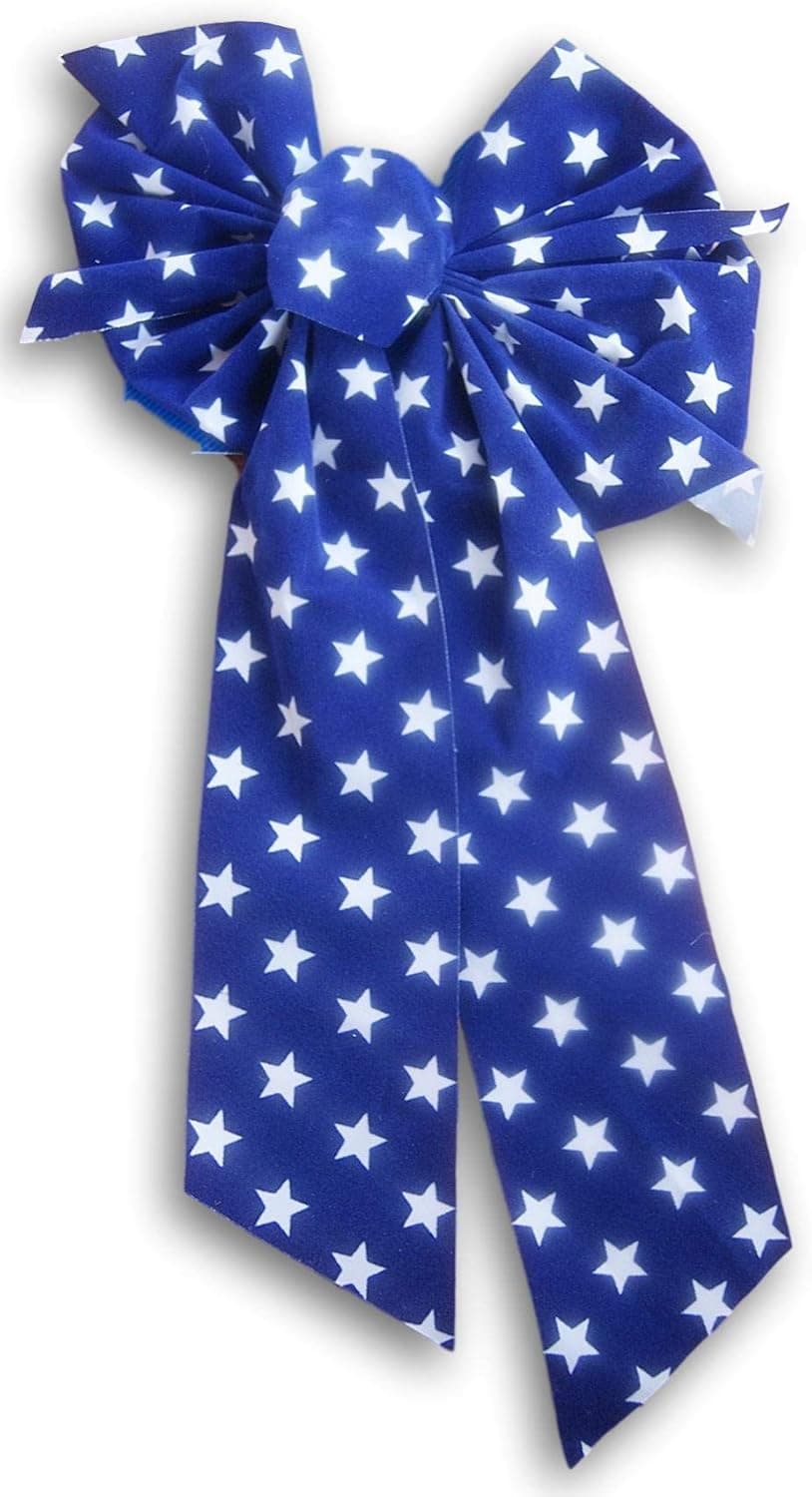 Patriotic Holiday Decorative Bow - White Stars on Navy Blue - 8.5 x 14
