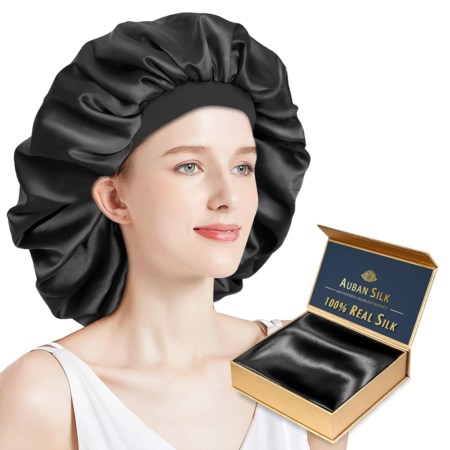 Auban Silk Bonnet Large 23 Momme Silk Hair Wrap for Sleeping 100% Mulberry Real Silk Bonnet After Use Hair Oil Breathable Non-Slip All Night Hair Cap