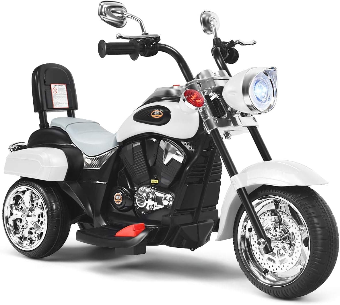 OLAKIDS Kids Electric Motorcycle, 6V Battery Powered Ride on Chopper Motorcycle with Music, Horn, Headlights,3 Training Wheels Electric Motorcycle for Children (White)
