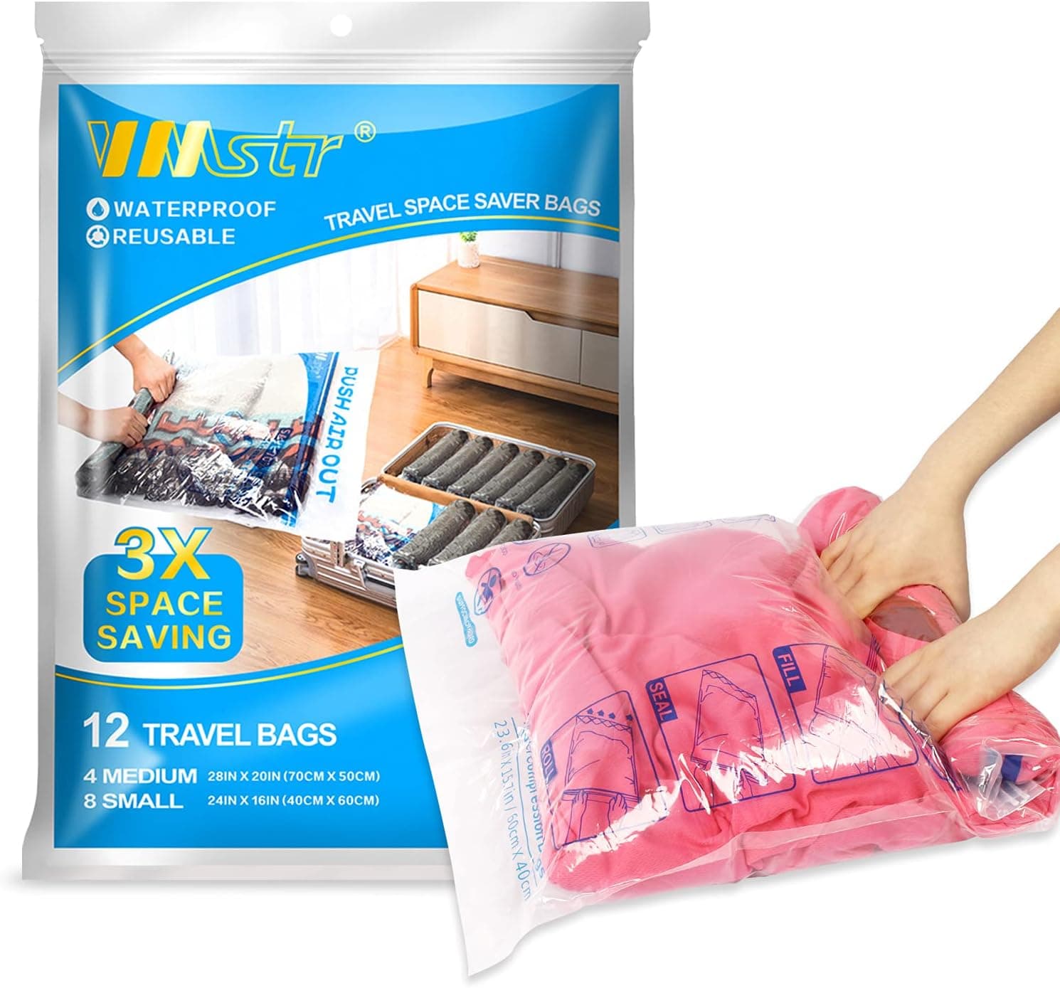 12 Travel Compression Bags, VMSTR Roll-Up Space Saver Storage Bags for Packing Clothes