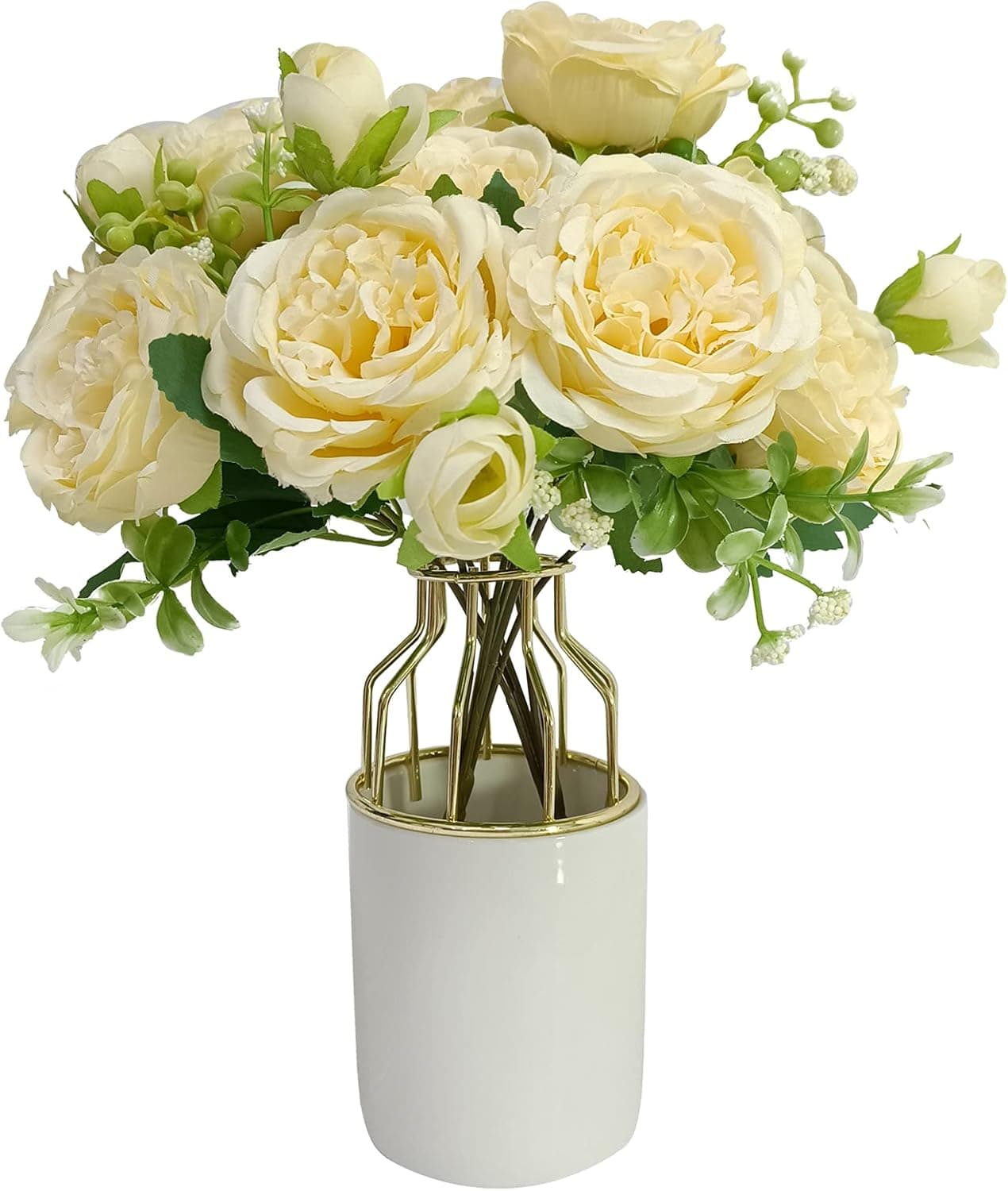 Senerma Peonies Artificial Flowers, Fake Flowers with vase, Table Centerpieces Dinning Silk Roses Artificial Flowers in Vase for Home Office Kitchen Wedding Decoration (Champagne)