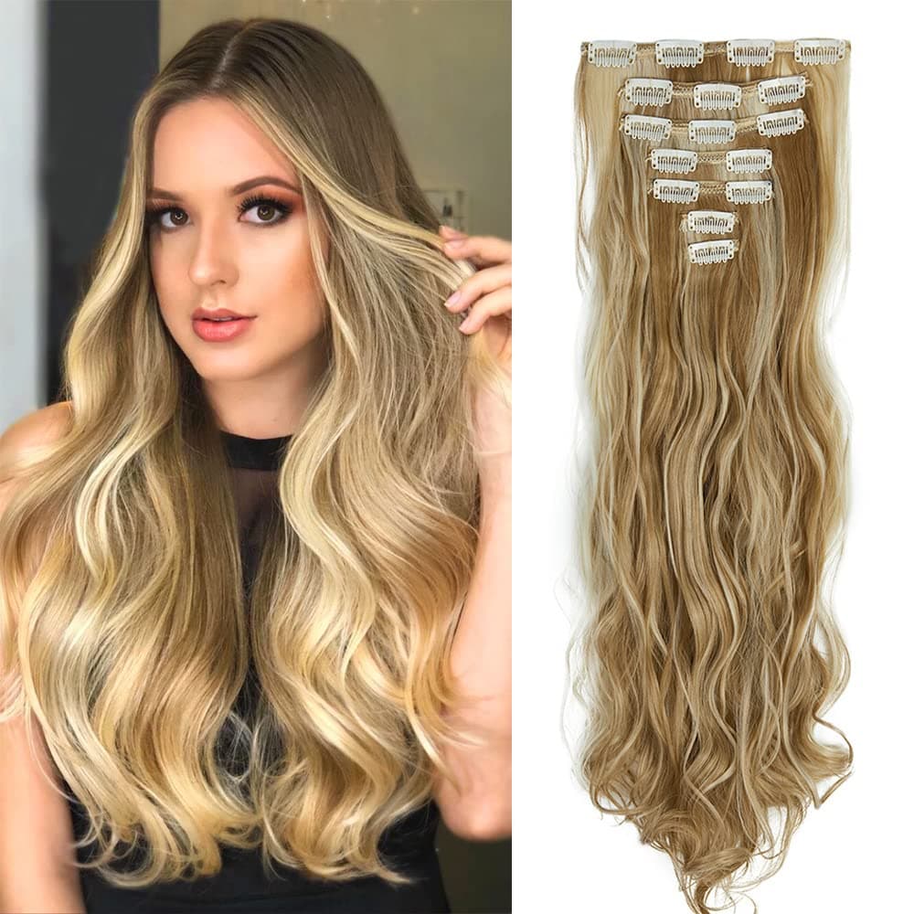 24 Inch Wavy Curly Full Head Clip in on Double Weft Hair Extensions 7Pcs 16 Clips in Synthetic Hair Extensions Dark Brown Mix Light Auburn (160G/Set)