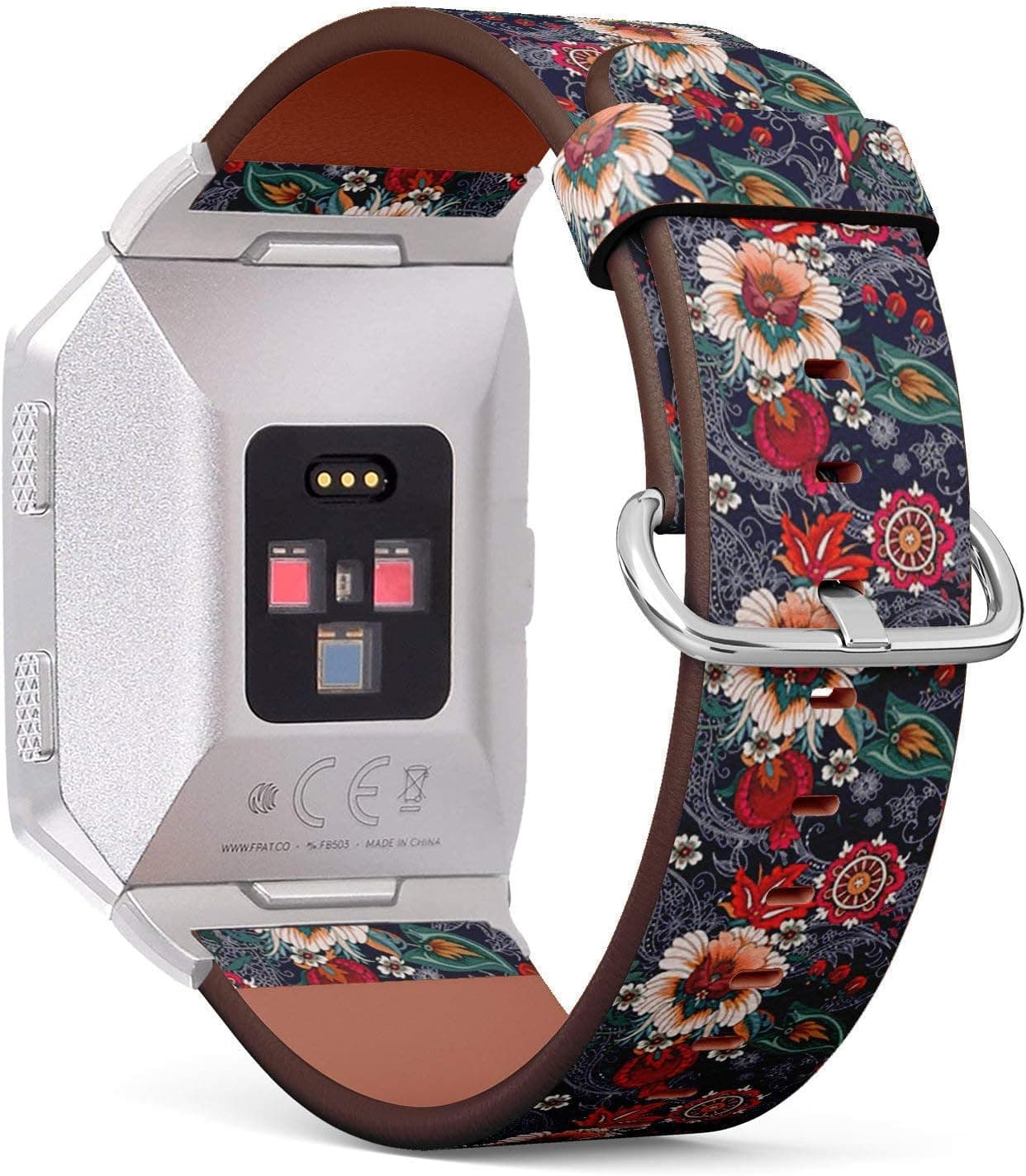 Compatible with Fitbit Ionic Leather Watch Wrist Band Strap Bracelet with Stainless Steel Clasp and Adapters (Folk Flowers)
