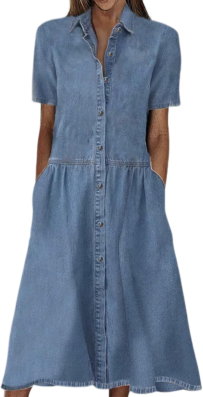 Akivide Women's Short Sleeve Button Down Denim Dress Casual Lapel Swing Midi Dress with Pockets