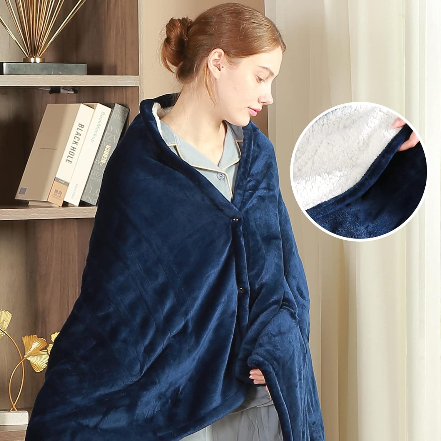Prikpont Wearable Heated Throw Blanket Electric, 50"x 60" Flannel to Sherpa Reversible Fast Heating Blankets with 6 Heat Levels & 4 Timer Auto Shut Off Settings, LED Display, Machine Washable(Navy)