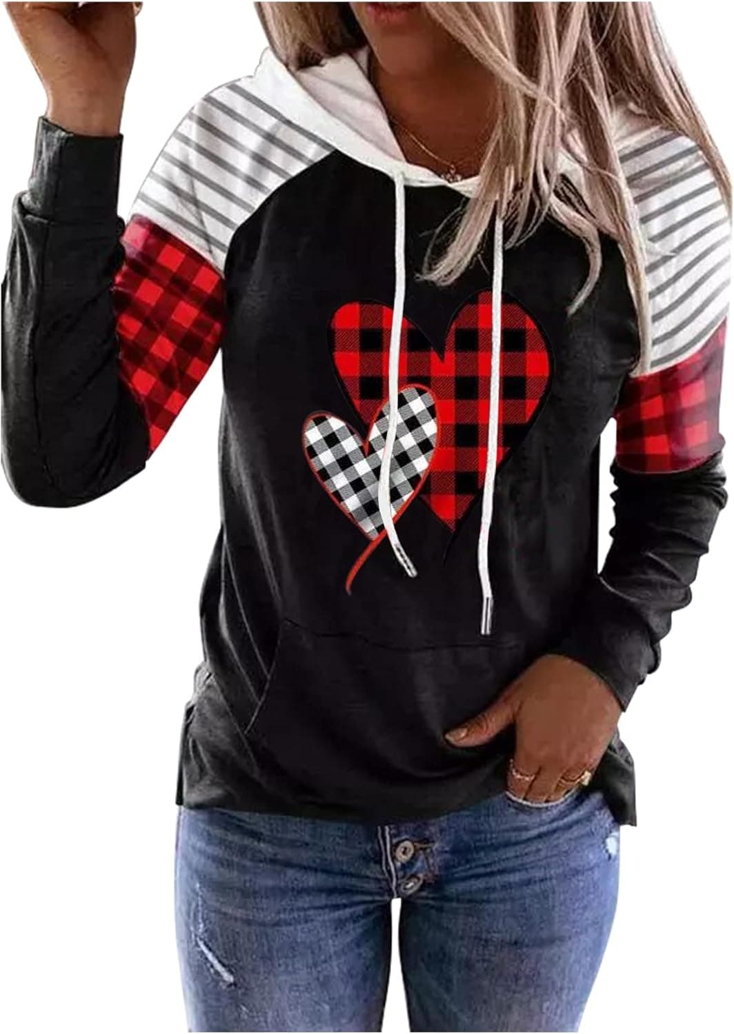 Three Gnomes Valentine's Day T Shirts Gifts for Women Leopard Plaid Heart Long Sleeve Buffalo Plaid Raglan Tee Shirt Top