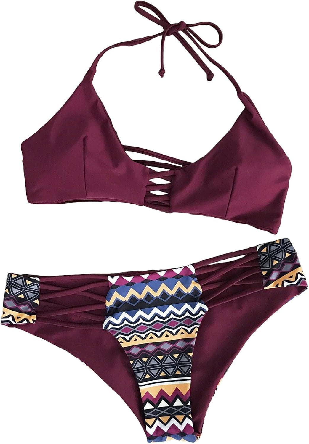 CUPSHE Women's Pure Color Lace up Halter Padding Bikini Set Beach Bathing Suit